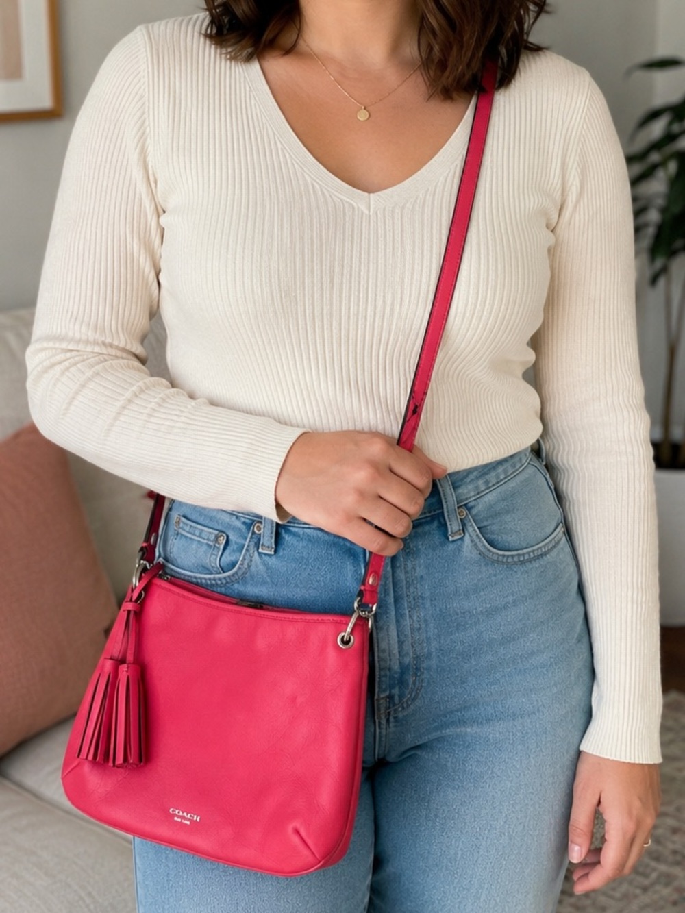 Coach Bright Pink Leather Shoulder Bag with Tassels
